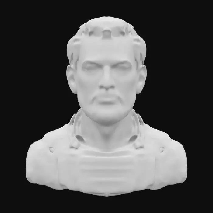 3D model for Ultra-detailed 3D model of an American male soldier with short brown hair and a slightly unkempt beard. Wears a modern military uniform with realistic fabric grain, tactical gear, and subtle wear. Static pose with cinematic posture—torso slightly turned, eyes intense, focused expression. Face features rugged detail: skin pores, light scarring, subtle wrinkles, and realistic stubble. Hair shows individual strand variation and natural flow. 8K PBR textures for skin, fabric, and gear. Clean UVs, watertight mesh, optimized for portrait-style rendering and close-up shots in ultra definition.