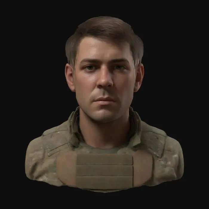 3D model for Ultra-detailed 3D model of an American male soldier with short brown hair and a slightly unkempt beard. Wears a modern military uniform with realistic fabric grain, tactical gear, and subtle wear. Static pose with cinematic posture—torso slightly turned, eyes intense, focused expression. Face features rugged detail: skin pores, light scarring, subtle wrinkles, and realistic stubble. Hair shows individual strand variation and natural flow. 8K PBR textures for skin, fabric, and gear. Clean UVs, watertight mesh, optimized for portrait-style rendering and close-up shots in ultra definition.