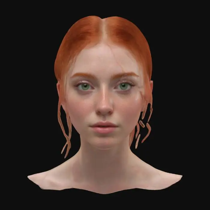 3D model for Ultra-detailed 3D portrait of a fair-skinned young woman with vibrant red hair and delicate freckles scattered across her cheeks and nose. Large, expressive green eyes gaze forward with a calm, confident, and subtly intriguing expression. Her hair is softly styled, framing a symmetrical face with smooth skin, natural blush, and light pink lips. Focus on hyper-realistic facial details: pores, fine lines, subtle gloss on eyes and lips. 8K PBR textures for skin, freckles, eyes, and hair. Clean UVs, watertight mesh, ideal for ultra-definition portrait rendering and cinematic close-up presentation.