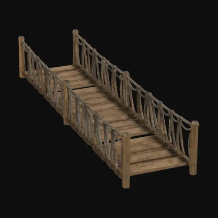 3D model for Ultra-detailed 3D model of a suspended wooden bridge in rigid oak structure. Thick, weathered oak planks form the walking surface, reinforced by sturdy vertical beams and braided rope railings. Metal bolts and wooden joints add realism and stability. Slight bending in wood from tension and age, with realistic grain, cracks, and moss buildup. Suitable for forest or mountainous environments. 8K PBR textures for oak wood, rope, and metal elements. Clean UVs, watertight mesh, game-ready and optimized for cinematic rendering or interactive exploration., #arch#
