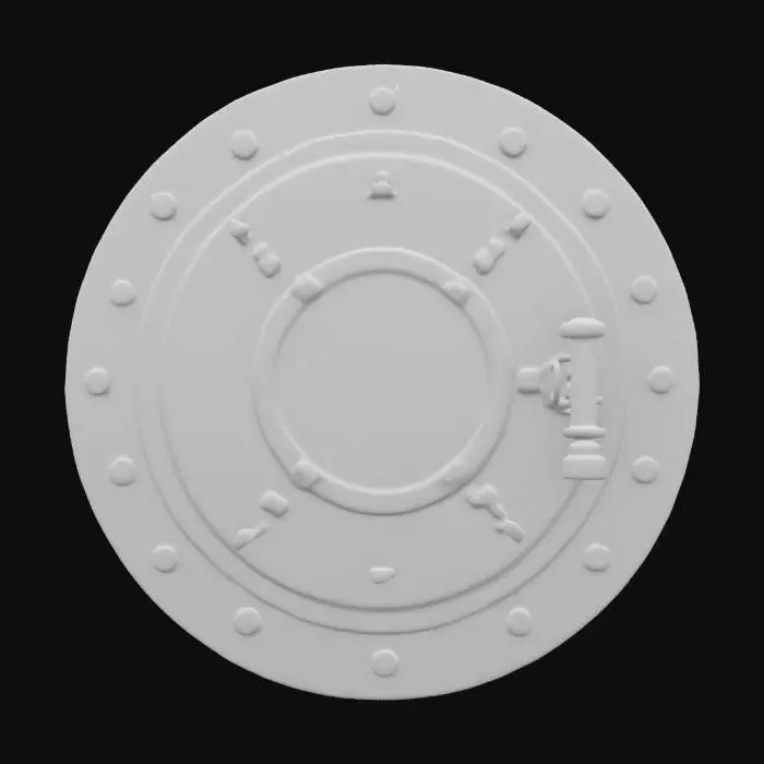 3D model for Ultra-detailed 3D model of a large circular blast door from a nuclear bunker, inspired by Fallout style. Reinforced steel construction with radial locking bolts and a central mechanical hub. The surface displays realistic aging: scratches, faded yellow paint, rust patches, and dust accumulation. A bold, engraved identification number (e.g. “VAULT 09”) is visible at the center. Embossed warning signs and riveted plates enhance authenticity. 8K PBR textures with detailed normal, metallic, and roughness maps. Clean UVs, watertight mesh, ideal for cinematic scenes and post-apocalyptic environments., #arch#