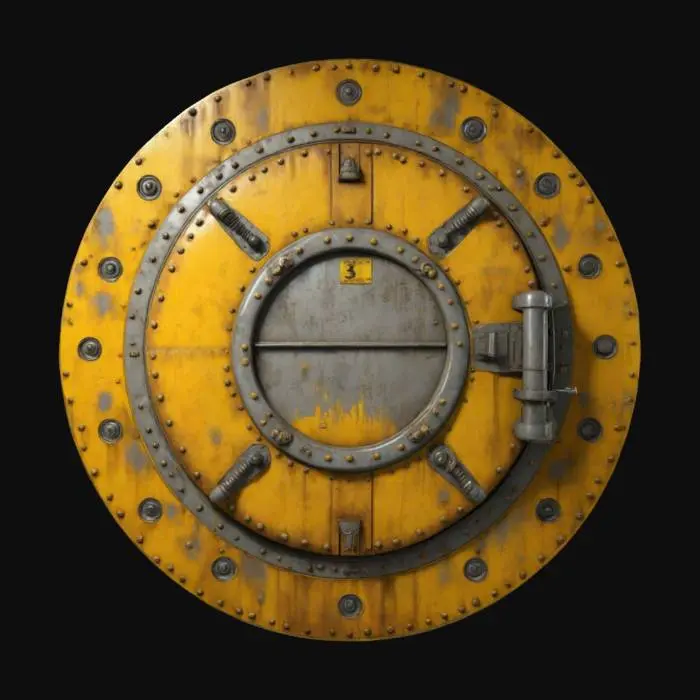 3D model for Ultra-detailed 3D model of a large circular blast door from a nuclear bunker, inspired by Fallout style. Reinforced steel construction with radial locking bolts and a central mechanical hub. The surface displays realistic aging: scratches, faded yellow paint, rust patches, and dust accumulation. A bold, engraved identification number (e.g. “VAULT 09”) is visible at the center. Embossed warning signs and riveted plates enhance authenticity. 8K PBR textures with detailed normal, metallic, and roughness maps. Clean UVs, watertight mesh, ideal for cinematic scenes and post-apocalyptic environments., #arch#