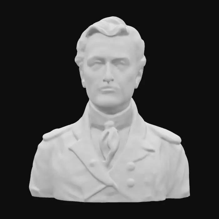 3D model for Ultra-realistic 3D portrait of a British Navy commodore from the 18th century. Distinguished male face with aged features, powdered white hair tied in a low queue, deep-set eyes, and a confident expression. Wears a navy blue officer’s coat with gold epaulettes, brass buttons, and white cravat. Slight wrinkles, sun-kissed skin, and signs of sea-worn experience. Medals and insignia detailed in 8K PBR textures. Rich fabric detail, metallic embroidery, and fine skin pores. Clean UVs, cinematic lighting, perfect for historical or naval-themed renders.