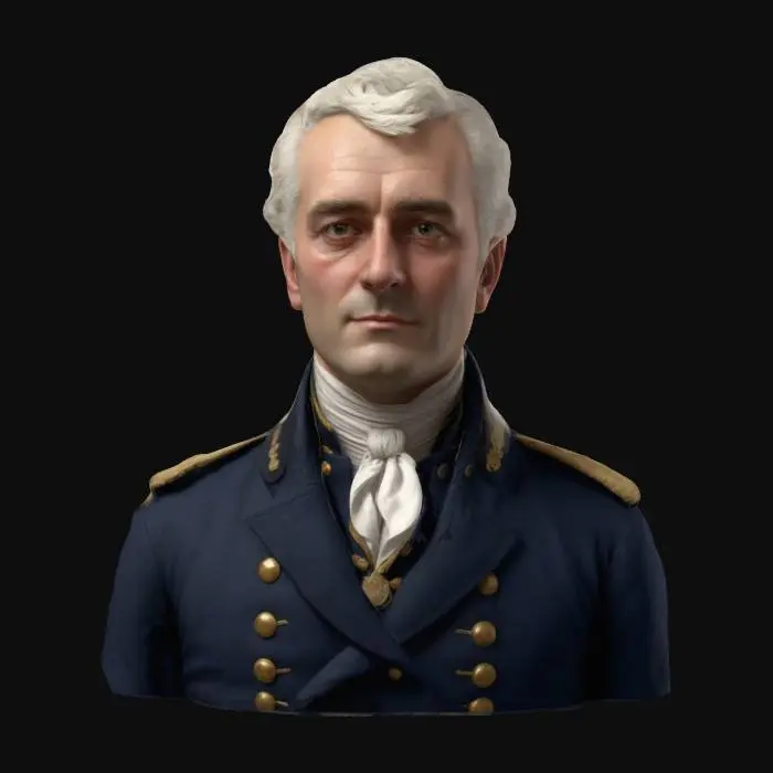 3D model for Ultra-realistic 3D portrait of a British Navy commodore from the 18th century. Distinguished male face with aged features, powdered white hair tied in a low queue, deep-set eyes, and a confident expression. Wears a navy blue officer’s coat with gold epaulettes, brass buttons, and white cravat. Slight wrinkles, sun-kissed skin, and signs of sea-worn experience. Medals and insignia detailed in 8K PBR textures. Rich fabric detail, metallic embroidery, and fine skin pores. Clean UVs, cinematic lighting, perfect for historical or naval-themed renders.