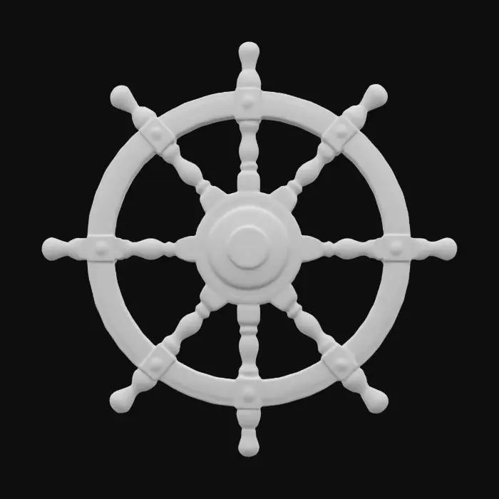3D model for Ultra-detailed 3D model of a weathered pirate galleon ship wheel. Made of aged oak wood with metal reinforcements, heavily eroded by sea salt and time. Cracks, chipped edges, rusted bolts, and faded carvings. Moss and algae residues between joints. Stylized for realism, suitable for game environments. 8K PBR textures with visible grain, roughness, and corrosion. Ambient maritime lighting, game-ready asset., #ocean#