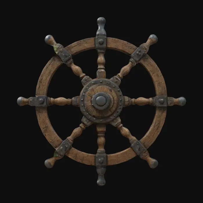 3D model for Ultra-detailed 3D model of a weathered pirate galleon ship wheel. Made of aged oak wood with metal reinforcements, heavily eroded by sea salt and time. Cracks, chipped edges, rusted bolts, and faded carvings. Moss and algae residues between joints. Stylized for realism, suitable for game environments. 8K PBR textures with visible grain, roughness, and corrosion. Ambient maritime lighting, game-ready asset., #ocean#