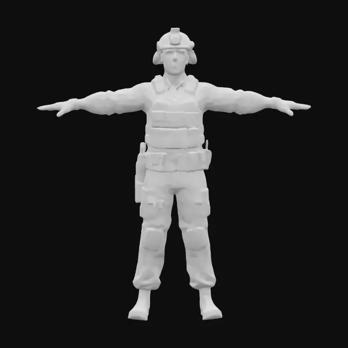 3D model for Ultra-detailed 3D model of an American soldier in modern digital camouflage uniform. Wearing a high-detail tactical helmet with visible attachments and realistic wear. Full-body in T-pose, ready for animation and game integration. Includes combat boots, tactical gloves, and utility gear. 8K PBR textures with detailed fabric grain, seams, patches, and dirt. Clean UVs, watertight mesh, optimized topology for real-time rendering. Neutral lighting with cinematic highlights for texture readability.