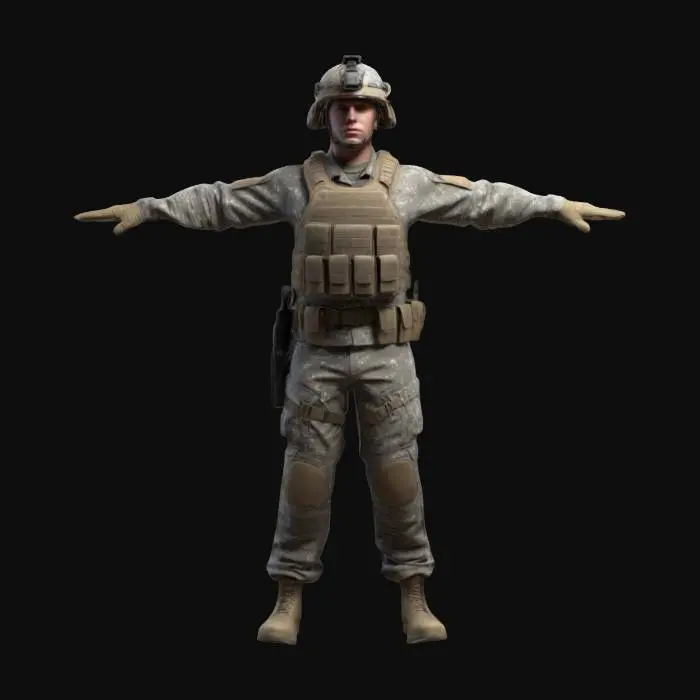 3D model for Ultra-detailed 3D model of an American soldier in modern digital camouflage uniform. Wearing a high-detail tactical helmet with visible attachments and realistic wear. Full-body in T-pose, ready for animation and game integration. Includes combat boots, tactical gloves, and utility gear. 8K PBR textures with detailed fabric grain, seams, patches, and dirt. Clean UVs, watertight mesh, optimized topology for real-time rendering. Neutral lighting with cinematic highlights for texture readability.