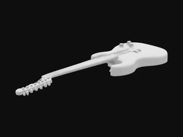 3D model for A Skull and bones shaped body Electric six string Guitar.the Color of the body and headstock is a dirty worn bone texture on the body of the guitar and headstock. The Guitar neck  and the fret board is dark wood black with silver frets . The neck has skull fret markers inlay. the headstock is shaped like a skeletal fist. The guitar has two pickups and four volume knobs