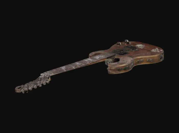 3D model for A Skull and bones shaped body Electric six string Guitar.the Color of the body and headstock is a dirty worn bone texture on the body of the guitar and headstock. The Guitar neck  and the fret board is dark wood black with silver frets . The neck has skull fret markers inlay. the headstock is shaped like a skeletal fist. The guitar has two pickups and four volume knobs