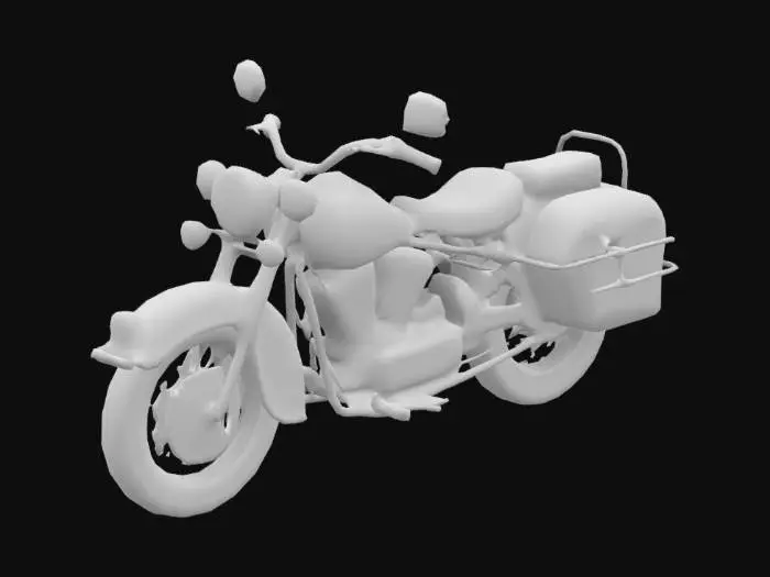 3D model for a vintage   highway patrol motorcycle with white gas tank and fenders. it has a  windsheild and white saddlebags and chrome engine parts and a glass headlight and yellow turnsingal lights and whitewall  black mtires tires