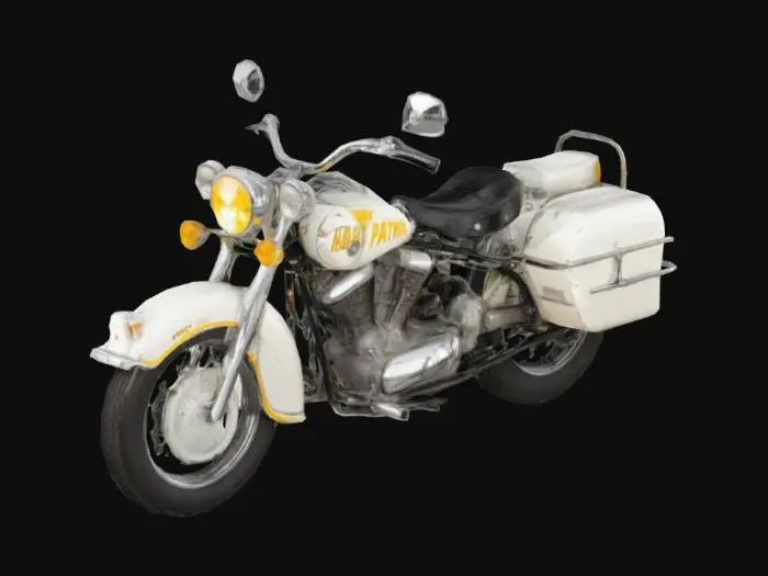 3D model for a vintage   highway patrol motorcycle with white gas tank and fenders. it has a  windsheild and white saddlebags and chrome engine parts and a glass headlight and yellow turnsingal lights and whitewall  black mtires tires