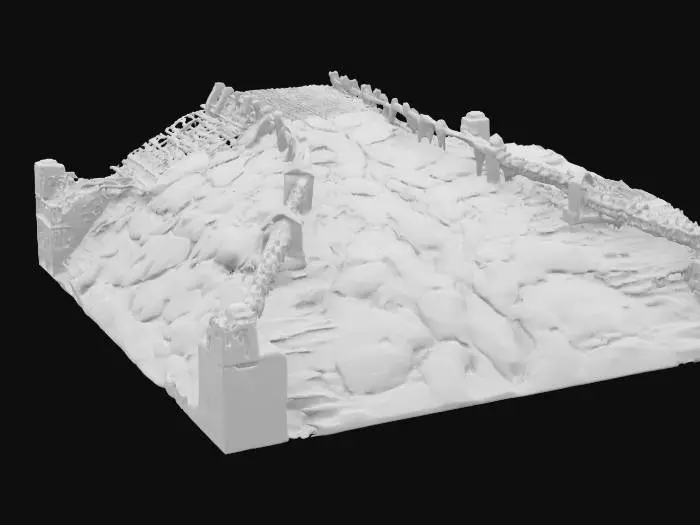 3D model for Boiling bubbling molten liguid flame fire red hot rectangluar segment of hell highway with spiked guard rails . hot lava cracks drips large molten hot texture