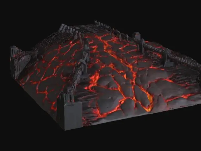 3D model for Boiling bubbling molten liguid flame fire red hot rectangluar segment of hell highway with spiked guard rails . hot lava cracks drips large molten hot texture
