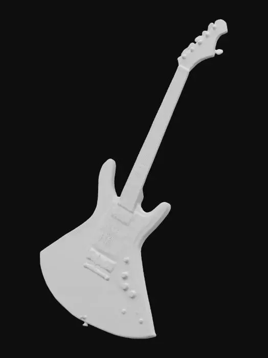 3D model for A flying V shaped body Electric six string Guitar.the Color of the body and headstock is  flat black  The Guitar neck  and the fret board is dark wood black with silver frets . The neck has skull fret markers inlay. the headstock is shaped like a V   The guitar has two pickups and one volume knob