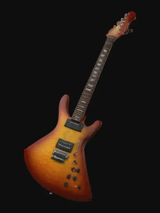 3D model for A flying V shaped body Electric six string Guitar.the Color of the body and headstock is  flat black  The Guitar neck  and the fret board is dark wood black with silver frets . The neck has skull fret markers inlay. the headstock is shaped like a V   The guitar has two pickups and one volume knob