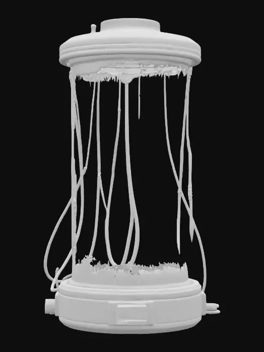 3D model for A large, thin, reptilian alien lifeform is suspended within a clear, liquid-filled stasis chamber made of glass and steel. .  Numerous dark, flexible hoses and rigid cable lines, with a sleek, metallic or rubbery texture, connect to thetop and sides of the large glass enclosure  A glowing LED control screen is integrated into the tube's front panel