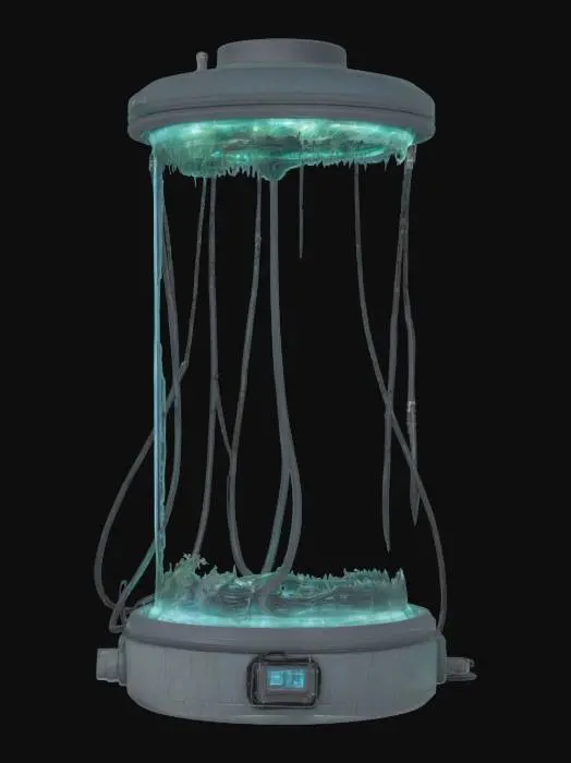 3D model for A large, thin, reptilian alien lifeform is suspended within a clear, liquid-filled stasis chamber made of glass and steel. .  Numerous dark, flexible hoses and rigid cable lines, with a sleek, metallic or rubbery texture, connect to thetop and sides of the large glass enclosure  A glowing LED control screen is integrated into the tube's front panel