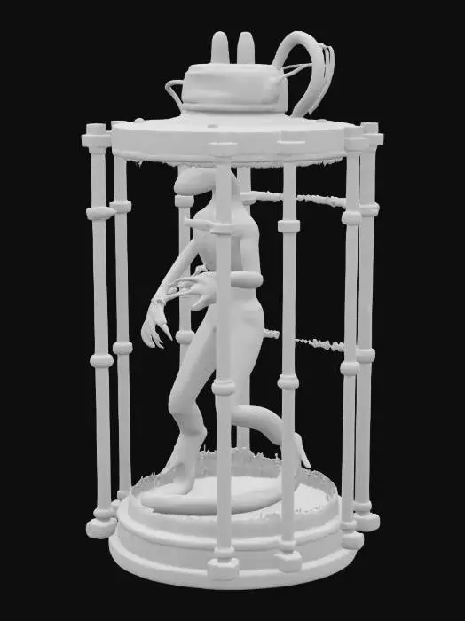 3D model for A large, thin, reptilian alien lifeform is suspended within a clear, liquid-filled stasis chamber made of glass and steel. .  Numerous dark, flexible hoses and rigid cable lines, with a sleek, metallic or rubbery texture, connect to thetop and sides of the large glass enclosure  A glowing LED control screen is integrated into the tube's front panel