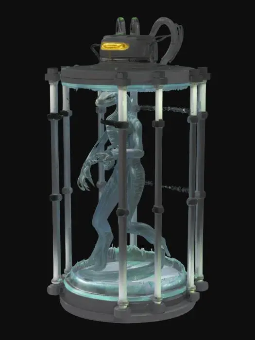 3D model for A large, thin, reptilian alien lifeform is suspended within a clear, liquid-filled stasis chamber made of glass and steel. .  Numerous dark, flexible hoses and rigid cable lines, with a sleek, metallic or rubbery texture, connect to thetop and sides of the large glass enclosure  A glowing LED control screen is integrated into the tube's front panel