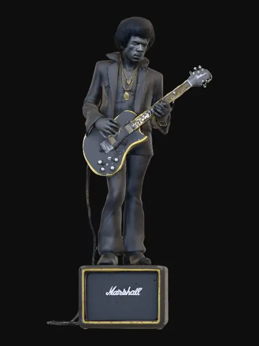 3D model for Jimi Hendrix half body with guitar statue on top of a Marshal Amp . High quality meshy 5 detailed mesh and Texture. no loose artifacts . no holes in mesh. clone likeness .