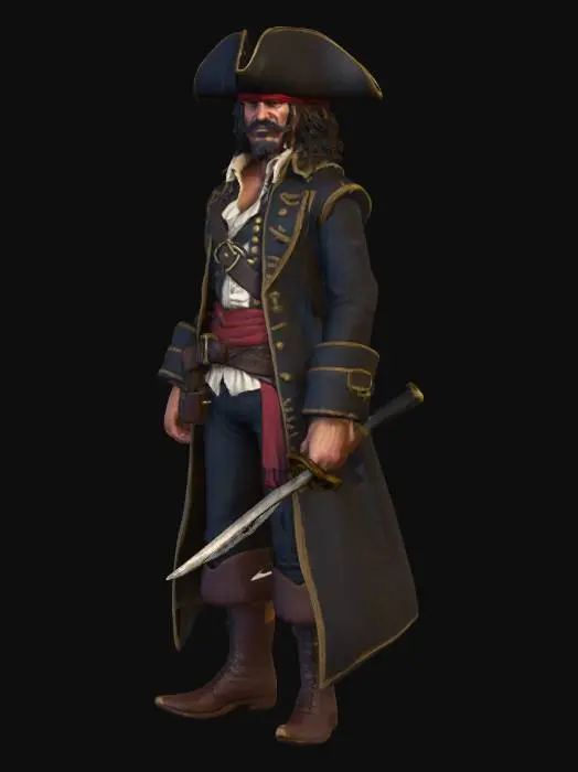 3D model for  swashbuckling Pirate captain of the high Sea. Sharp detailed well lit Mesh and Texture
