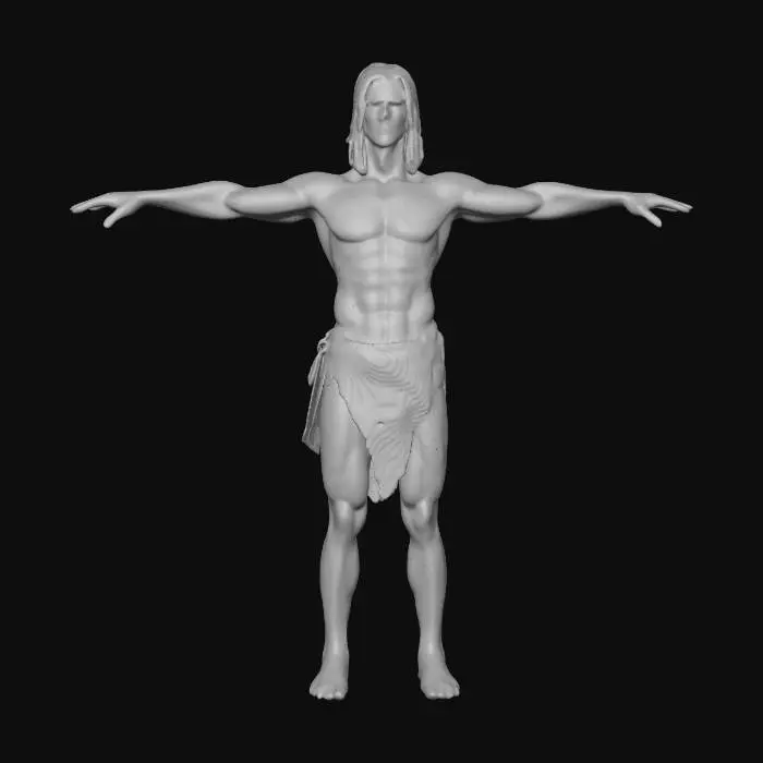 3D model for Tarzan game asset character t pose, fingers spread,  tall slender rmuscular  body, leather loin cloth, medium length dark hair , rugged handsome 
 face .  bone knife in leather sheath at hip . tanned toned skin texture . Clean mesh , no holes or artifacts .realistic athletic human anatomy . realistic body skin and face texture. precice facial texture feature placement . confirm details before completion .