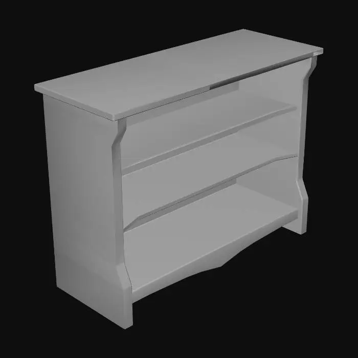 3D model for Low poly medieval wooden display shelf, open top with no ceiling panel, 3 horizontal flat shelves, two side panels slightly flared outward at the top, rustic aged dark brown wood, chunky low poly style, clean flat shading, empty shelves, game asset, no items, no decorations