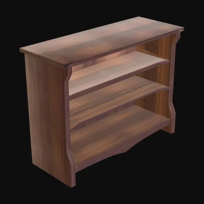 3D model for Low poly medieval wooden display shelf, open top with no ceiling panel, 3 horizontal flat shelves, two side panels slightly flared outward at the top, rustic aged dark brown wood, chunky low poly style, clean flat shading, empty shelves, game asset, no items, no decorations