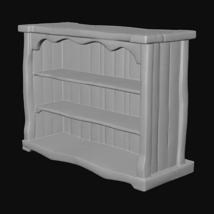 3D model for Low poly medieval wooden display shelf, open top with no ceiling panel, 3 horizontal flat shelves, two side panels slightly flared outward at the top, rustic aged dark brown wood, chunky low poly style, clean flat shading, empty shelves, game asset, no items, no decorations