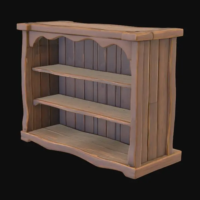 3D model for Low poly medieval wooden display shelf, open top with no ceiling panel, 3 horizontal flat shelves, two side panels slightly flared outward at the top, rustic aged dark brown wood, chunky low poly style, clean flat shading, empty shelves, game asset, no items, no decorations