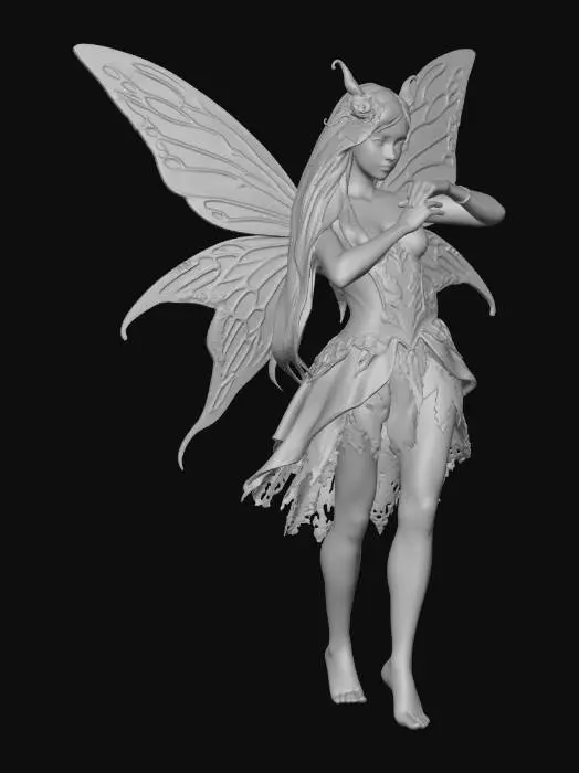 3D model for dark fantasy fairy character in T-pose, full body, front view, arms perfectly horizontal, symmetrical pose for character reference, slender feminine body, elegant proportions, dark mystical fairy, long flowing hair, slightly pointed ears, delicate but dark butterfly wings, gothic fantasy aesthetic, subtle magical glow, intricate fantasy outfit with organic shapes, dark violet and black color palette, ethereal atmosphere, highly detailed character design, smooth skin, soft lighting, isolated on pure white background, studio lighting, neutral expression, character sheet style, clean silhouette, high detail, realistic fantasy style