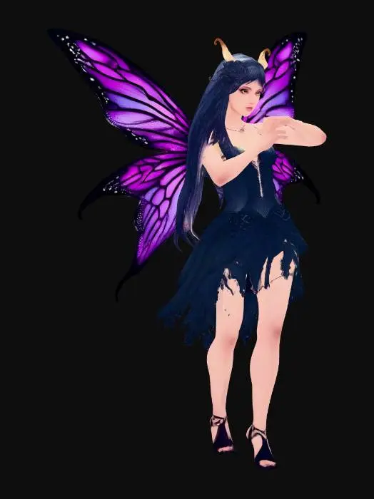 3D model for dark fantasy fairy character in T-pose, full body, front view, arms perfectly horizontal, symmetrical pose for character reference, slender feminine body, elegant proportions, dark mystical fairy, long flowing hair, slightly pointed ears, delicate but dark butterfly wings, gothic fantasy aesthetic, subtle magical glow, intricate fantasy outfit with organic shapes, dark violet and black color palette, ethereal atmosphere, highly detailed character design, smooth skin, soft lighting, isolated on pure white background, studio lighting, neutral expression, character sheet style, clean silhouette, high detail, realistic fantasy style