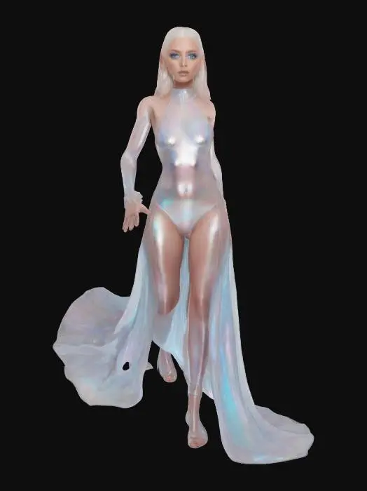 3D model for Ultra-detailed model of a futuristic ethereal woman in a T-pose. Her long platinum blonde hair flows elegantly down her back. Her ice-blue eyes are sharp and captivating, lined with metallic accents. She has a curvy, voluptuous figure, with huge breasts and thick thighs, accentuated by a stunning holographic maxi dress made of translucent silk and mesh, reflecting hues of rose gold, silver, and white. The skirt flows in liquid-like layers, with a high-slit lined with liquid metal chains. She stands on crystal-heeled platform sandals encrusted with holographic gems. Bioluminescent tattoos swirl across her arms, collarbone, and back, glowing softly. Holo-cuffs on her wrists project shifting symbols and light patterns.