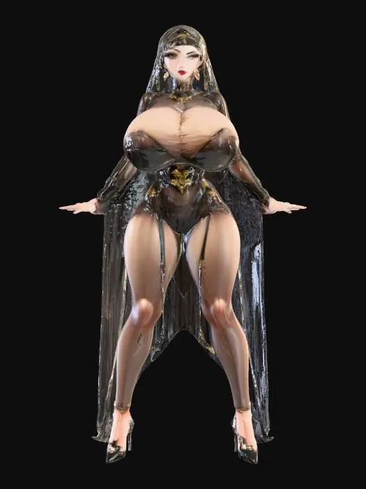 3D model for Hijab sheer gold and black outfit