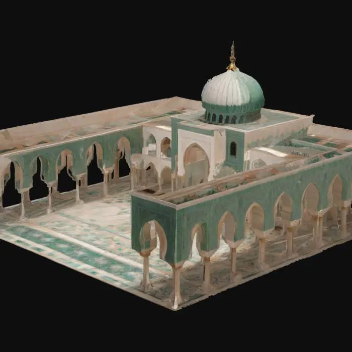 3D model for [Tunisia] a realistic 3D model of the Great Mosque of Kairouan with a creative design twist: reimagine the structure as if built entirely from polished marble and colorful mosaic inlays instead of sandstone. Keep the historical floor plan—large open courtyard, arcaded colonnades, domed prayer hall, and iconic minaret. Retain realistic proportions and architectural accuracy, but with luxurious Byzantine-style materials. Arches and columns remain true to form but gleam with smooth surfaces and reflective touches. , #AroundTheWorld#