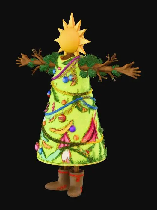 3D model for A full-length Christmas tree girl stands. She wears a light green ankle-length dress with a dense pattern of branches with fir needles, Christmas tree ornaments, and garland. Her head resembles a sun with triangular rays. Her arms and hands are made of brown fir sticks. Her feet resemble felt boots. A highly detailed stylized image. Dark background.