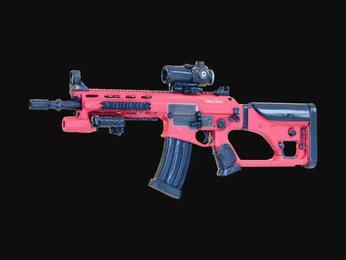 3D model for AAA game art style assault rifle, sci-fi theme, chunky proportions, hand-painted textures with PBR materials, stylized realism, vibrant colors, Valorant and Overwatch art style, dynamic lighting, high fidelity 3D render, substance painter render, clean edges, exaggerated mechanics, masterpiece