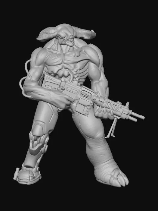 3D model for a cyberdemon holding a huge scifi gun looking like a huge threat