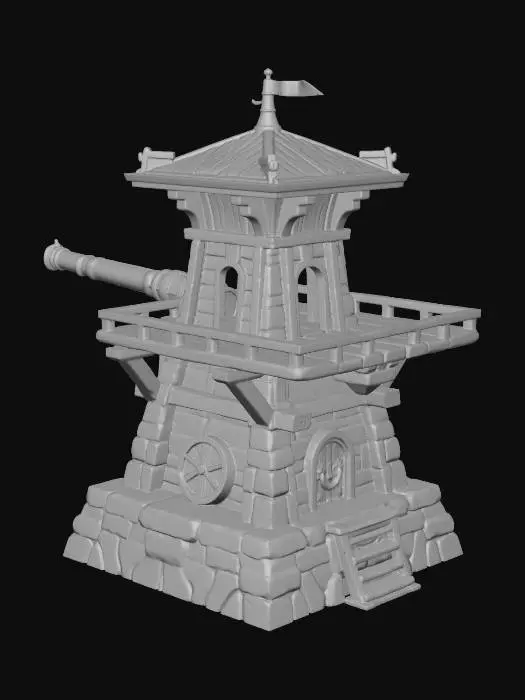 3D model for A level 1 stylized medieval heavy artillery tower game asset. Squat, thick stone foundation with a large primitive iron cannon mounted on a swiveling wooden platform on the roof. Industrial fantasy look. [Ekle: stylized game asset...]