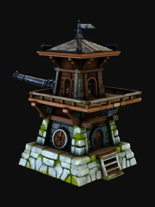 3D model for A level 1 stylized medieval heavy artillery tower game asset. Squat, thick stone foundation with a large primitive iron cannon mounted on a swiveling wooden platform on the roof. Industrial fantasy look. [Ekle: stylized game asset...]