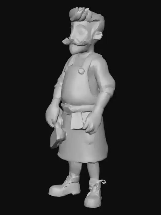 3D model for low poly male character as a blacksmith, simple shapes, minimal details, stylized, cartoon, apron and tools, game asset
