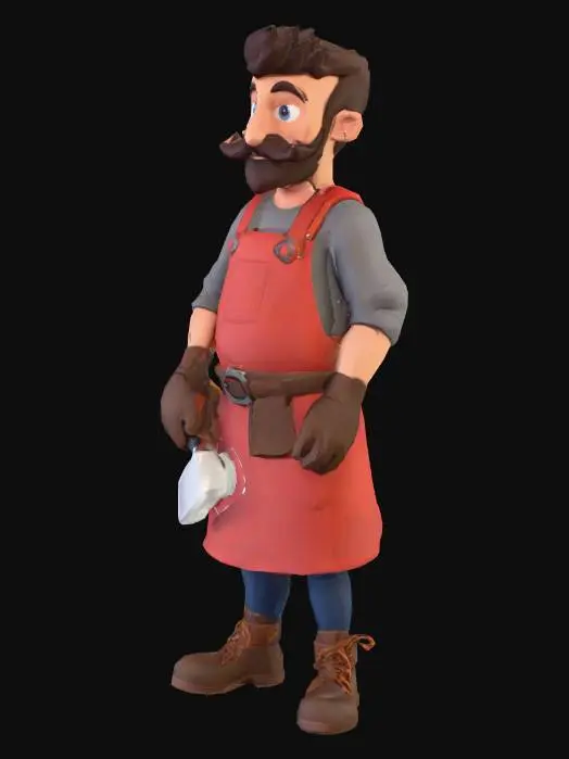 3D model for low poly male character as a blacksmith, simple shapes, minimal details, stylized, cartoon, apron and tools, game asset