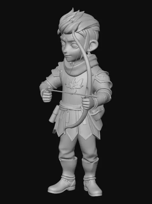 3D model for A stylized low poly medieval human archer character for a mobile tower defense game. Holding a simple wooden bow and wearing leather tunic armor with a quiver on their back. Cute but determined expression. Standing idle pose. Hand-painted texture look, mobile game style