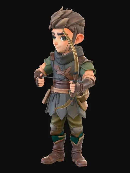 3D model for A stylized low poly medieval human archer character for a mobile tower defense game. Holding a simple wooden bow and wearing leather tunic armor with a quiver on their back. Cute but determined expression. Standing idle pose. Hand-painted texture look, mobile game style