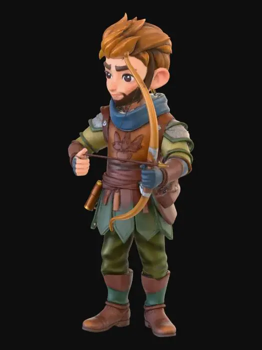 3D model for A stylized low poly medieval human archer character for a mobile tower defense game. Holding a simple wooden bow and wearing leather tunic armor with a quiver on their back. Cute but determined expression. Standing idle pose. Hand-painted texture look, mobile game style