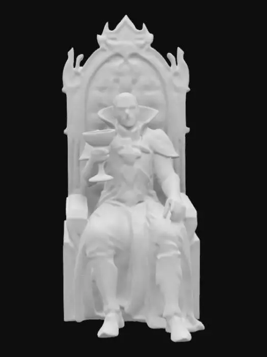 3D model for Create a model of a vampire lord sitting on an grand throne in a relaxed pose. The vampire is wearing an ornate suit of gothic style plate armor, with a crest on the chest. They hold a filled goblet in it their right hand. The creature exudes an aura of unnatural elegance.