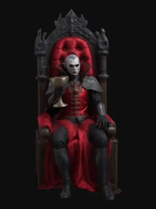 3D model for Create a model of a vampire lord sitting on an grand throne in a relaxed pose. The vampire is wearing an ornate suit of gothic style plate armor, with a crest on the chest. They hold a filled goblet in it their right hand. The creature exudes an aura of unnatural elegance.