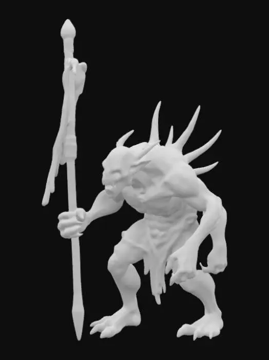 3D model for A hulking undead monstrosity, with unaturally bulging muscles, and bony spikes coming out of its back. It has a hutched posture an an aggressive demeanor. It has symbols carve into its skin. It holds onto a large, ragged battle standard. Dark Fantasy