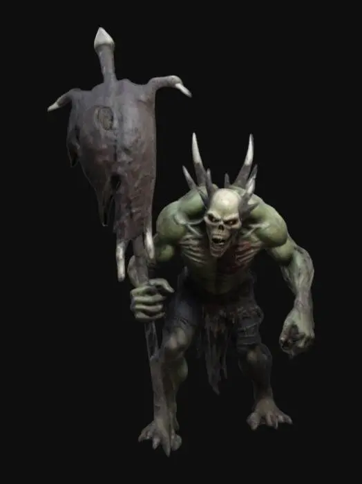 3D model for A hulking undead monstrosity, with unaturally bulging muscles, and bony spikes coming out of its back. It has a hutched posture an an aggressive demeanor. It has symbols carve into its skin. It holds onto a large, ragged battle standard. Dark Fantasy